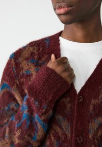 Cardigan en tricot bordeaux avec des motifs marron et bleu, présentant un col en V, cinq boutons et des poignets côtelés, affichant une texture douce.