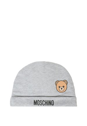 Szary beanie z bawełny, z grafiką niedźwiedzia i napisem "MOSCHINO" na zakładanym brzegu w kolorze czarnym. Miękka tekstura, zaokrąglony kształt.