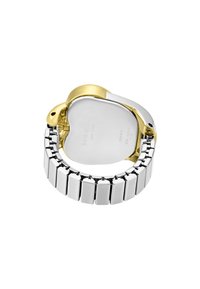 Silver and gold-tone metal watch with a heart-shaped case. Features a polished finish and segmented band design. Engraved brand logo on back.