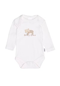 Weißer Langarm-Baby-Bodysuit aus weichem Stoff mit einer beige Bärenillustration und dem Schriftzug „Baby Bear“. Druckknopfverschluss an der Unterseite.