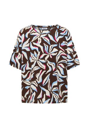 Camicia marrone a maniche corte con motivo astratto di foglie bianche, blu e rosa, con scollo tondo e vestibilità ampia.