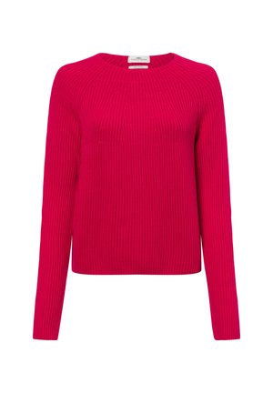 Fuchsia Strickpullover mit gerippter Textur, Rundhalsausschnitt und langen Ärmeln. Einfarbig ohne sichtbare Muster oder Hardware-Details.