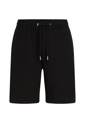 Shorts sportivi neri realizzati in un tessuto leggero, con vita elasticizzata dotata di cordino e dettaglio con logo laterale.