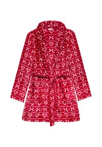 Accappatoio in pile rosso con cintura, decorato con un motivo di cuori e fiocchi. Le maniche lunghe e le tasche frontali ne aumentano la funzionalità.