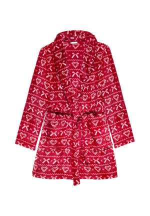 Czerwony polarowy szlafrok z paskiem, zdobiony wzorem serc i kokardek. Długie rękawy i kieszenie z przodu zwiększają funkcjonalność.