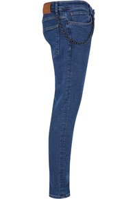 Tanke modre jeans hlače iz denima z rjavim usnjenim emblemom, z bočno verigo ter klasičnim pet-žepnim dizajnom.