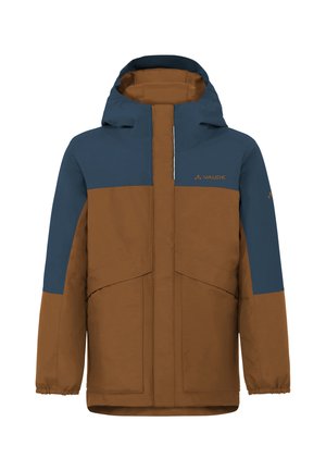 Braune und dunkelblaue Kapuzenjacke mit Frontreißverschluss, langen Ärmeln mit elastischen Bündchen und zwei Fronttaschen, mit Vaude-Logo gebrandet.