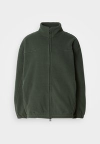 Donkergroene fleece jacket met hoge kraag, ritssluiting aan de voorkant en zijzakken. Zacht, gestructureerd stof met naadaccenten. Casual stijl.