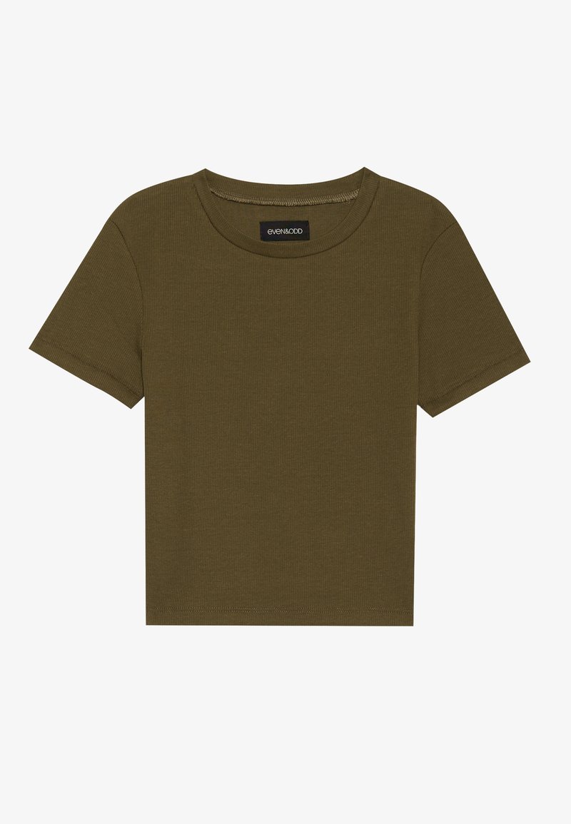 T-shirt verde oliva a maniche corte realizzato in tessuto a coste. Presenta un collo rotondo e una forma dritta con dettagli di cucitura visibili.