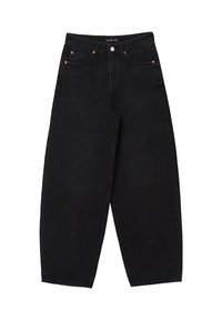 Jeans in denim nero con un design a gamba larga, caratterizzati da cinque tasche, accessori in rame e dettagli cuciti. Il tessuto ha una consistenza liscia.