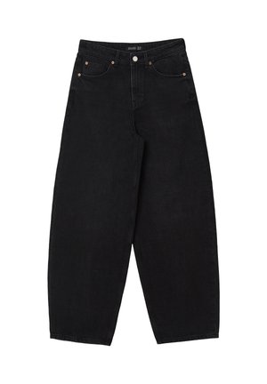 Jeans in denim nero con un design a gamba larga, caratterizzati da cinque tasche, accessori in rame e dettagli cuciti. Il tessuto ha una consistenza liscia.