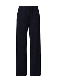 Marineblauwe wijde broek met een ribbelstructuur en elastische tailleband, voorzien van een losse pasvorm die comfort en bewegingsvrijheid accentueert.