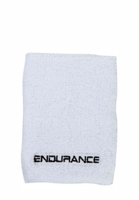 Witte katoenen handdoek met een gestructureerd oppervlak en gestikte randen, met de tekst "ENDURANCE" in het zwart aan de onderkant.