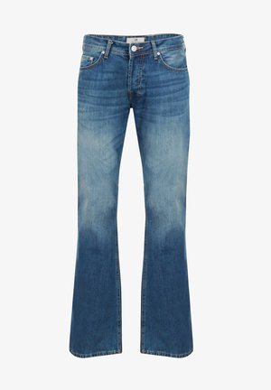 Jeans de ganga azul com boca de sino e acabamento desbotado, apresentando um clássico design de cinco bolsos e um fecho de botão na cintura.