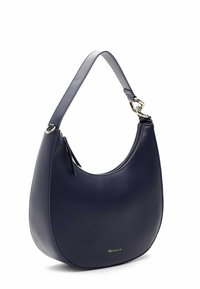 Granatowa torba hobo z ekologicznej skóry o zaokrąglonym kształcie, z pojedynczym paskiem na ramię i złotym wykończeniem. Posiada zamek błyskawiczny i wewnętrzną kieszeń.