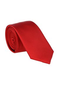 Red silk tie, rolled for storage. Smooth texture, solid color, and a pointed end shape. No patterns or notable accents.