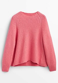 Maglione rosa lavorato a maglia con trama a coste, scollo rotondo e design con cucitura spalla scesa. Presenta una vestibilità rilassata e spacchi laterali nell'orlo.