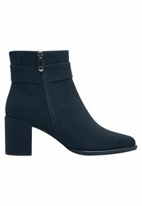Botte de cheville en suède bleu marine avec un bout pointu, un talon carré et une fermeture éclair sur le côté ; présente un design à revers au niveau de la cheville pour un détail supplémentaire.