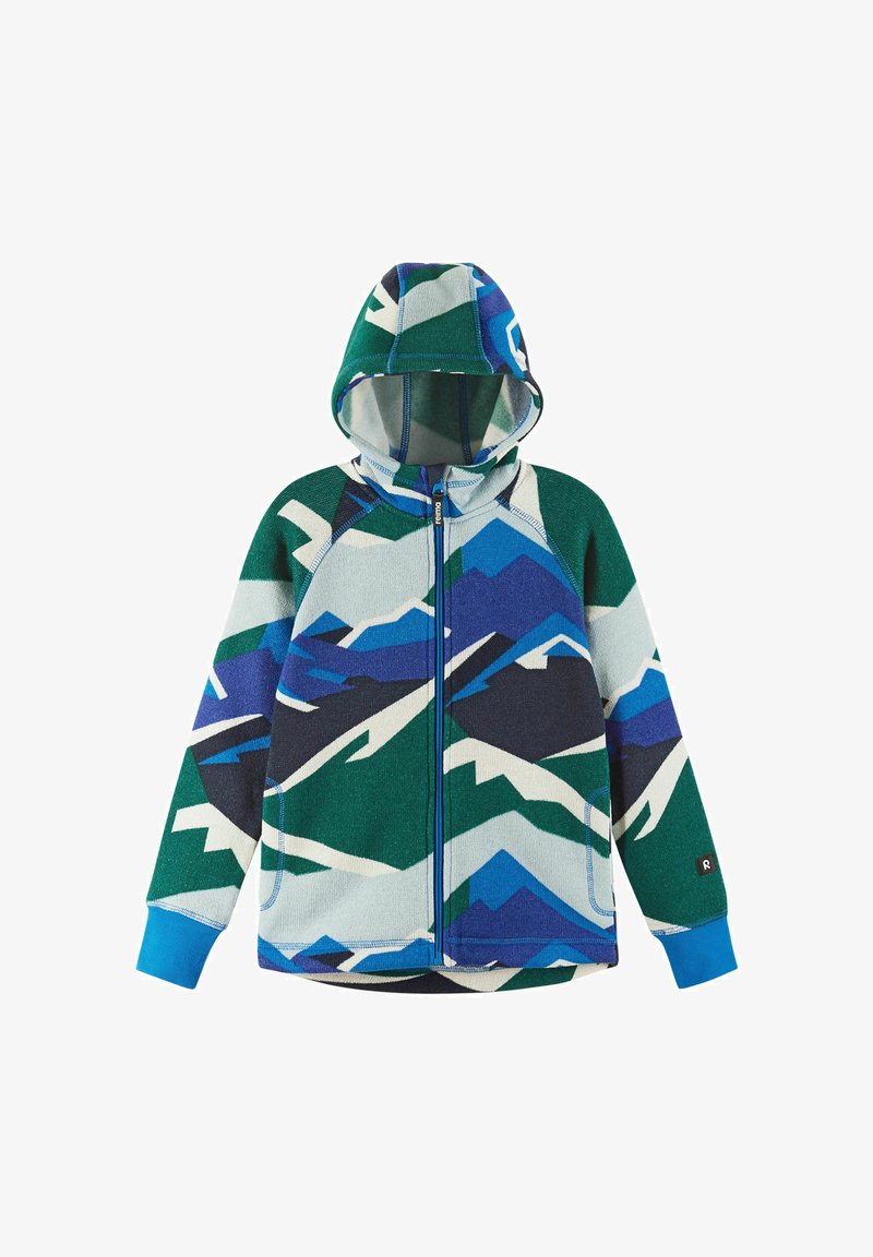 Polarowa bluza z kapturem zapinana na zamek, z wielokolorowym wzorem górskim w odcieniach zieleni, niebieskiego i bieli; zawiera niebieskie akcenty i ściągacze przy rękawach.