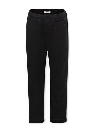 Pantaloni in cotone misto neri con una vestibilità rilassata, vita elastica e orli arrotolati. Presentano una texture liscia senza motivi visibili.