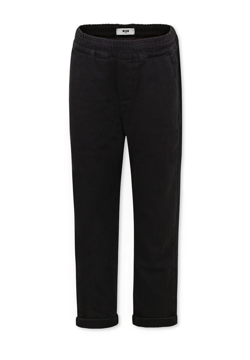 Pantaloni in cotone misto neri con una vestibilità rilassata, vita elastica e orli arrotolati. Presentano una texture liscia senza motivi visibili.
