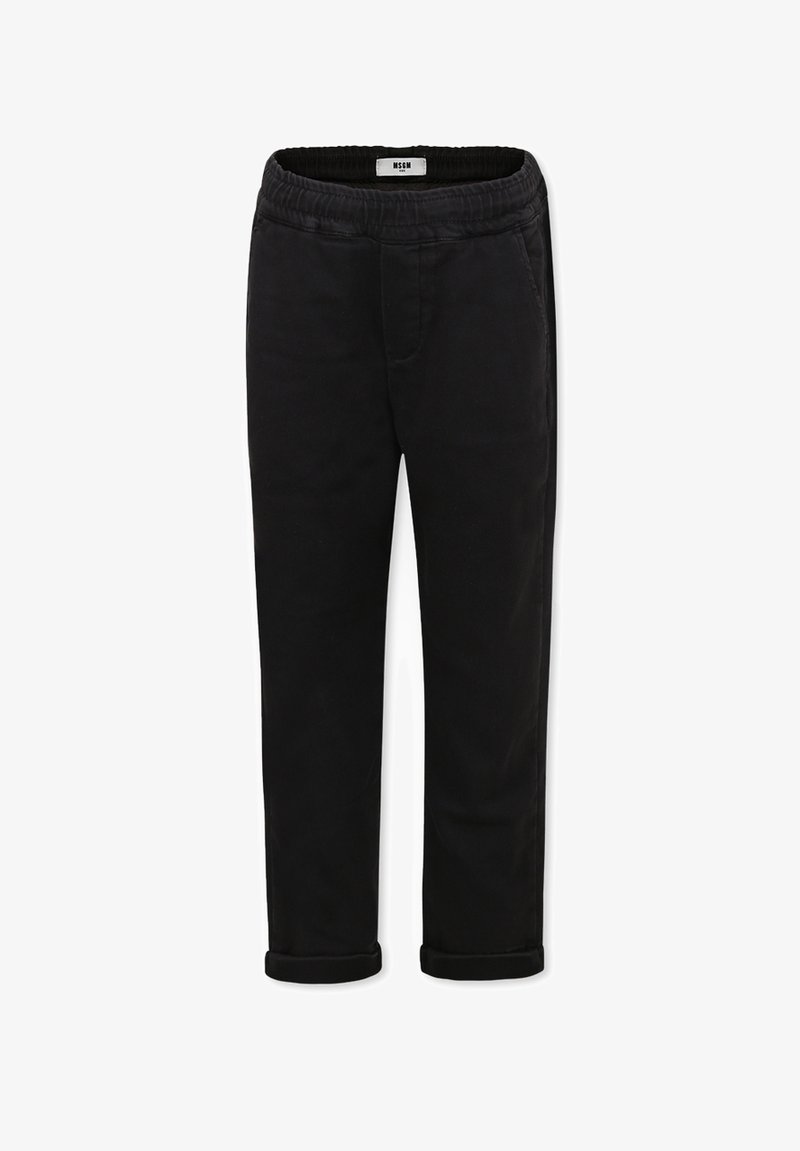 Pantaloni in cotone misto neri con una vestibilità rilassata, vita elastica e orli arrotolati. Presentano una texture liscia senza motivi visibili.