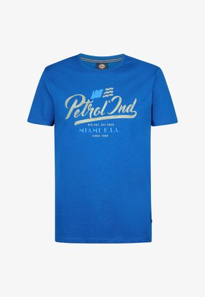 Blauwe katoenen t-shirt met een ronde hals, korte mouwen en een bedrukt logo met "Petrol Ind" en "Miami U.S.A." in wit en goud.