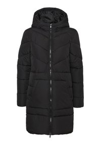 Doudoune noire à capuche avec fermeture éclair sur le devant, dotée d'un design matelassé, de deux poches latérales et de manches longues pour la chaleur et la protection.