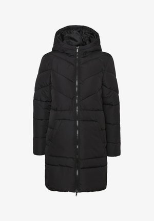 Sort hættefyldt pufferjakke med lynlås foran, der har et quiltet design, to sidelommer og lange ærmer for varme og dækning.