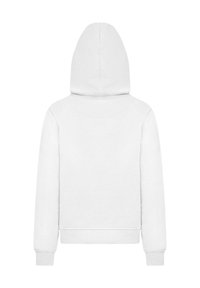 Valge kapuutsiga sweatshirt, millel on pehme tekstuur ja ribitud allääred ning varrukate otsad. Kujundus on puhas ja minimalistik, ilma mustriteta.