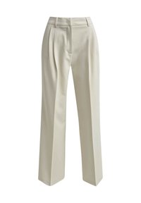 Beige wide-leg trousers with a smooth texture, featuring front pleats, a mid-rise waistband, and a tailored design. No visible patterns or accents.