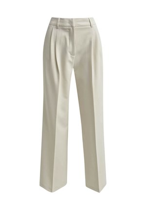 Beige weit geschnittene Hose mit glatter Textur, Frontfalten, einem mittelhohen Taillenbund und einem maßgeschneiderten Design. Keine sichtbaren Muster oder Akzente.