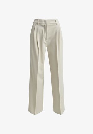 Beige wide-leg trousers with a smooth texture, featuring front pleats, a mid-rise waistband, and a tailored design. No visible patterns or accents.