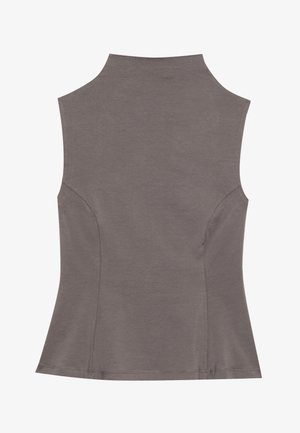 Top grigio senza maniche in tessuto morbido con scollatura alta, corpino attillato, cuciture laterali sottili e orlo flare.