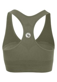 Bra sportivo verde oliva con schienale in mesh testurizzato, spalline larghe e design aderente. Presenta un logo al centro dello schienale e una banda a costine.