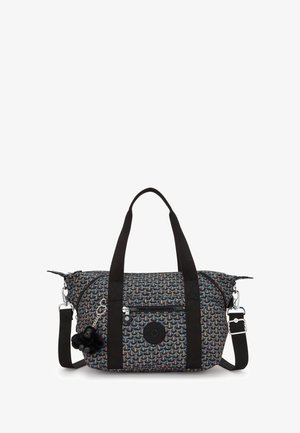 Stoff-Duffle-Tasche in Schwarz mit einem mehrfarbigen geometrischen Muster, ausgestattet mit zwei Griffen, einem abnehmbaren Schultergurt und Reißverschlusstaschen.