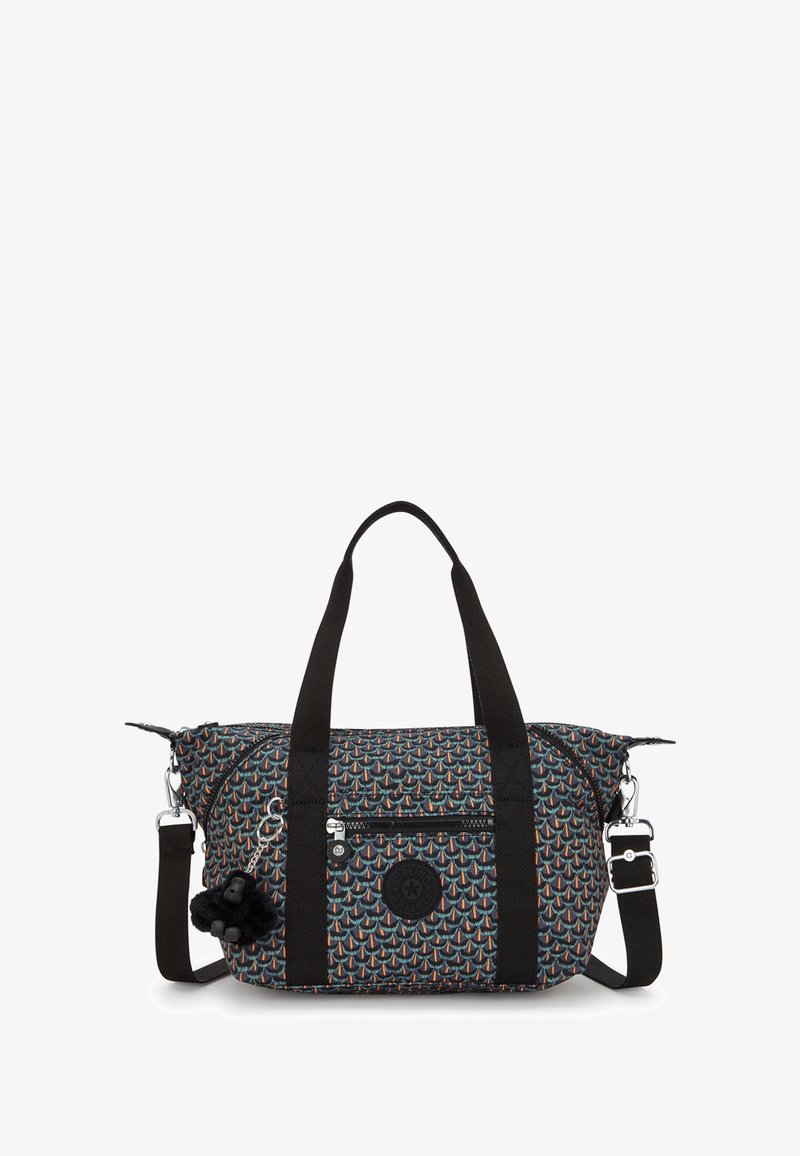 Fabric duffle bag in black with a multi-colored geometric pattern, featuring dual handles, a detachable shoulder strap, and zippered pockets.