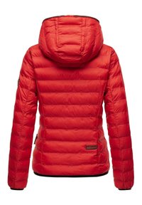 Red puffer jacket with a hood, featuring a quilted design, smooth texture, ribbed cuffs, and a small brand tag on the lower left side.