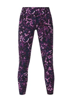 Navy blue leggings with a high waist featuring a scattered pink and purple circular floral pattern.