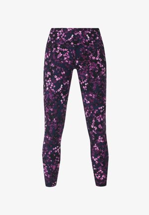 Marineblauwe legging met een hoge taille en een verspreid roze en paars cirkelvormig bloemenpatroon.