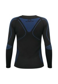 Black long-sleeve sports shirt with blue ergonomic patterns on the back, shoulders, and arms, featuring the Polar Husky logo at the upper back.