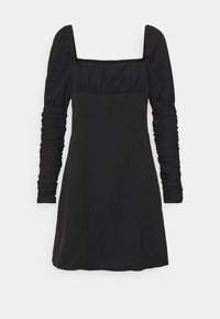 Abito nero con maniche lunghe arricciate, scollatura quadrata ecorpino aderente. Realizzato in tessuto liscio, arriva sopra il ginocchio.