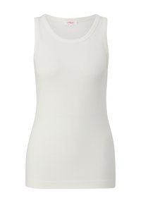 Canottiera bianca a coste con scollatura rotonda e spalline sottili, caratterizzata da un design aderente. Realizzata in un materiale liscio e elasticizzato.