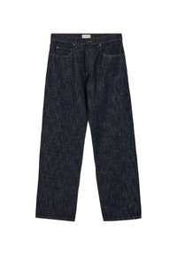 Jeans in denim dritto blu scuro con bottone frontale e tasche, caratterizzati da cuciture marroni e etichetta del marchio sulla vita.