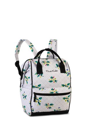 Blumen-Rucksack mit einem weißen geometrischen Muster, schwarzen Akzenten, zwei Schultergurten und einer vorderen Reißverschluss-Tasche für zusätzlichen Stauraum.