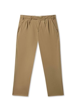 Pantaloni beige con una texture liscia, caratterizzati da una vestibilità rilassata, pieghe frontali e tasche laterali per la funzionalità.