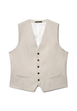 Beige Weste mit strukturiertem Stoff, mit V-Ausschnitt, sechs braunen Knöpfen vorn und zwei Seitentaschen. Weiß gefüttert.