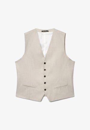 Beige Weste mit strukturiertem Stoff, mit V-Ausschnitt, sechs braunen Knöpfen vorn und zwei Seitentaschen. Weiß gefüttert.