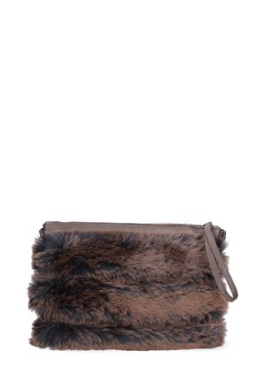 Brown faux fur clutch bag with a textured surface, featuring a zip closure and a detachable wrist strap. Accents include darker fur stripes.