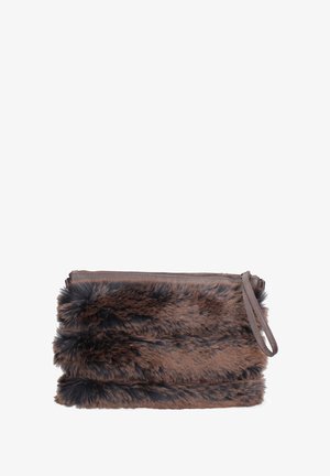 Brown faux fur clutch bag with a textured surface, featuring a zip closure and a detachable wrist strap. Accents include darker fur stripes.